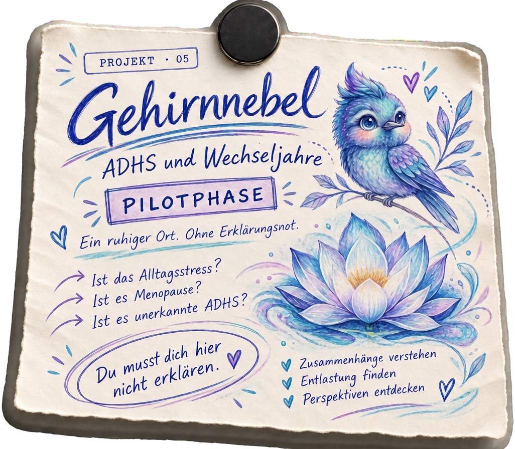 Projektkarte 05: Gehirnnebel, ADHS und Wechseljahre, Pilotphase – Ein ruhiger Ort. Ohne Erklärungsnot.