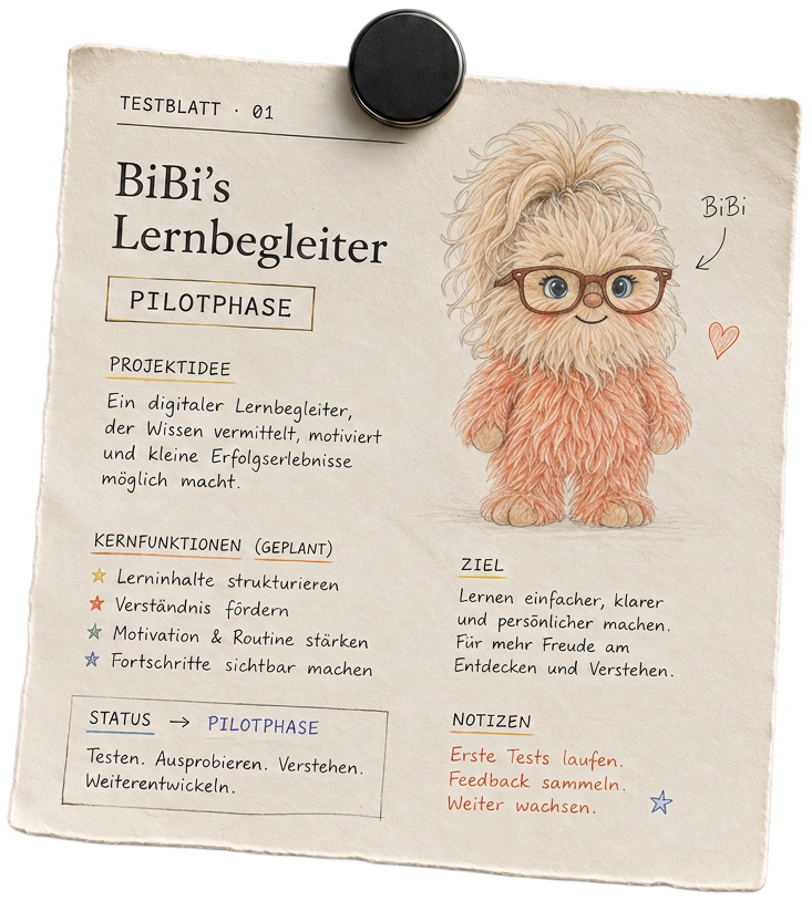 Testblatt 01 – BiBi's Lernbegleiter, Pilotphase: Projektidee, Kernfunktionen, Ziel und Notizen